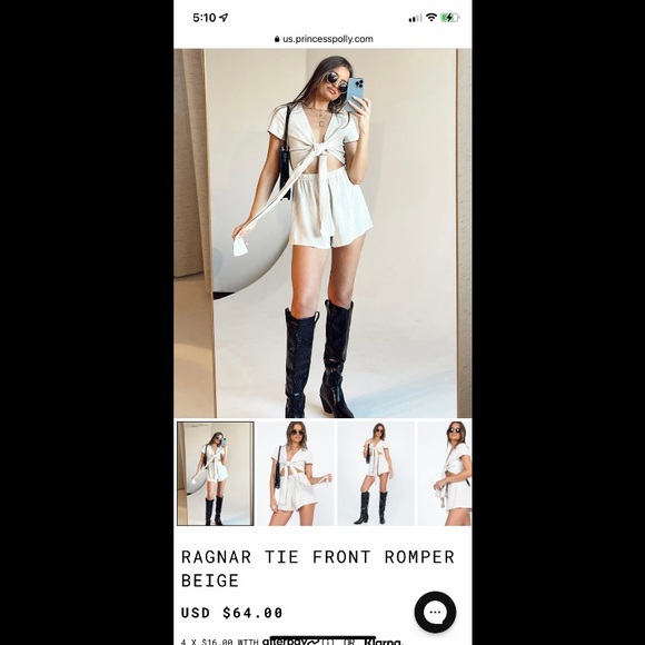Princess Polly Ragnar Tie-Front Romper in Beige (Size 4) - Picture 1 of 6
